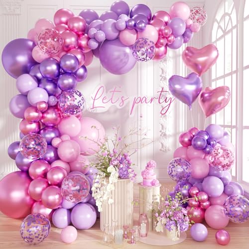 Image of Pink Purple Balloon Garland Arch Kit,160Pcs Metallic Purple Magenta Balloons Pink and Purple Confetti Balloons with Heart Foil Balloon for Girl Birthday Bridal Baby Shower Party Decoration