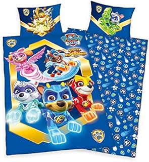 Official Nickelodeon Paw Patrol Mighty Pups Single Duvet Cover  Skye, Chase, Marshall & Rubble Super Paws Poly Cotton Reversible Blue Bedding Set