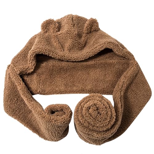 Storage Bag Lindo gorro de oso de dibujos animados, gorro de invierno, bufanda de felpa con capucha, calentador de cuello para niños y mujeres, marrón, Talla única