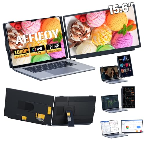 Upgraded Laptop Screen Extender, 15.6”Ultra-Thin Dual Portable Monitor with 1080P FHD IPS, Detachable & 4-in-1 Modes, USB-C/HDMI Plug-Play Monitor Extender for Mac/Win/Android, Fits 13-17' Laptops