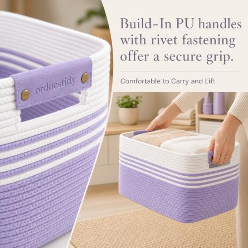 Image of 25.4GAL Collapsible Cotton Rope Extra Large Storage Basket For Bedroom Closet, Boho Rectangular Short Hamper Woven Storage Baskets for Living Room Throw Pillows Blankets Dirty Clothes, White Purple