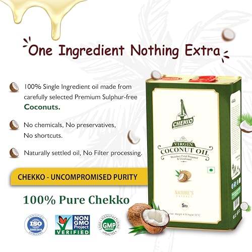 Image of Chekko Virgin Coconut Oil 5 Litre | Cold Pressed, Extra Virgin & Wood Pressed | 100% Pure Edible Coconut Oil for Cooking, Hair & Skin | Natural Unrefined Bulk Pack | Premium Food-Grade Metal Tin Pack