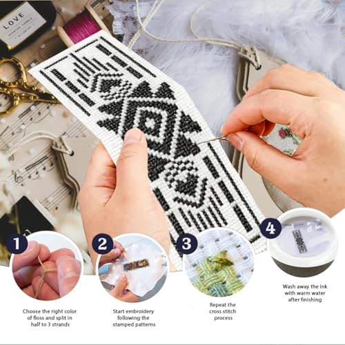 Image of INFUNLY 6pcs Aztec Print Cross Stitch Bookmark Kit for Beginners DIY Vintage Geometry Embroidery Bookmark Kits Black White Needlepoint Kit with Instruction Easy Cross Stitch Set for Book Lovers Reader