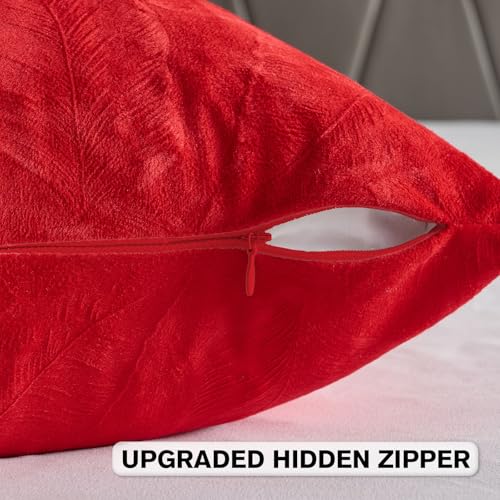 Image of FUTEI Pack of 2 Velvet Throw Pillow Covers 18x18 Inch Soft Embossed Leaf-Relief Textured Decorative Cushion Cases Modern Natural Farmhouse Accent for Couch Bed Living Room, Red