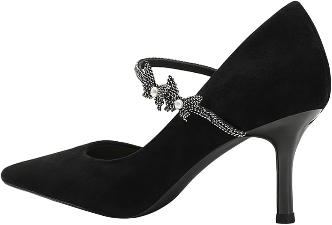 FOWT Women Elegant Pointed Toe Single Strap with Butterfly Decoration Pumps Thin Low Heel Ladies Evening Dress Shoes Size 4-16 US