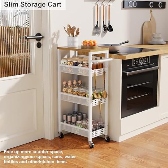 Slim Storage Cart, 4 Tier Fruit and Vegetable Baskets for Kitchen Small Space, Narrow Rolling Cart on Wheels with Wooden Top and Metal Handle for Pantry, Bathroom, Laundry Room-JkhZaXyX