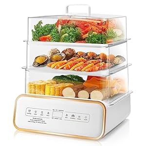 SUSTEAS Food Steamer for Cooking – 17QT Vegetable Steamer with 24H Booking & 60Min Timer, Electric Steamer with Digital Display and 3 Tier Stackable Trays, Auto Shut-Off & Boil Dry Protection