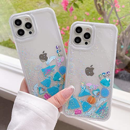 Clear Transparent Glitter Liquid Flowing Case For Apple Cinderella Princess Water Sparkling Glittery Disney Anime Cartoon Fairy Tales Lovely Cute Kids Girls Women (Blue For Iphone 13 Pro Max) #TOP1