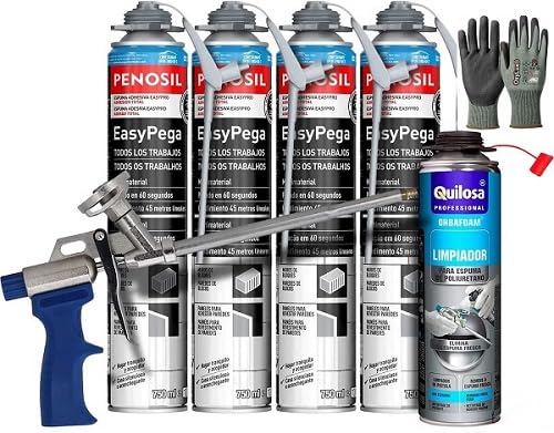 PENOSIL Pack AHORRO -4 Botes Espuma Adhesiva EasyPega 750ml + Limpiador Espuma Poliuretano 500ml (Pistola Caliber 30 + 4 Botes EasyPega 750ml + Limpiador 500ml+guantes)