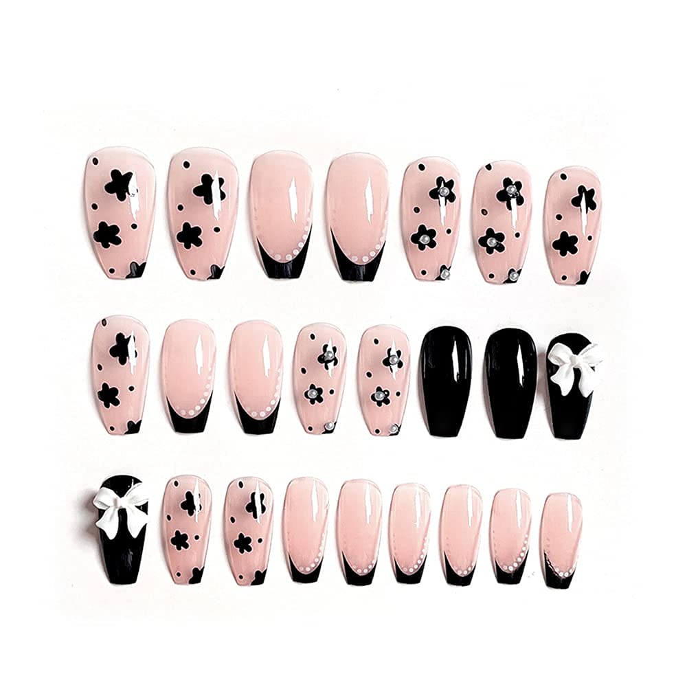 ELECDON Fake Nails, Glossy Medium Press on Nails with Design, Pink Acrylic Nails Press on, Artificial Glue on Nails, Fake Nails with Flower Bow for Nail Art Decoration(24Pcs)