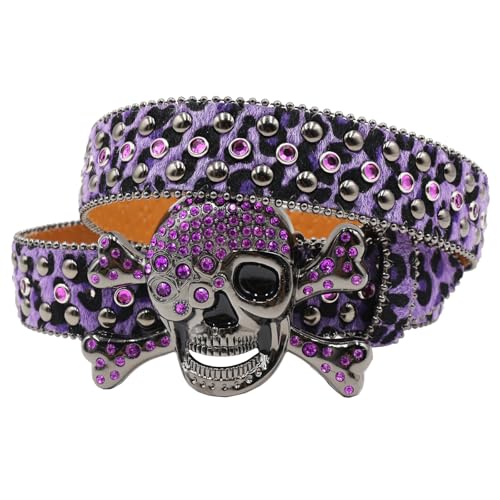 Leopard Pattern Snap Belt Faux Fur Fluffy Studded Strap Bling Rhinestone Skull Head & Cross Buckle for Jean Pants4