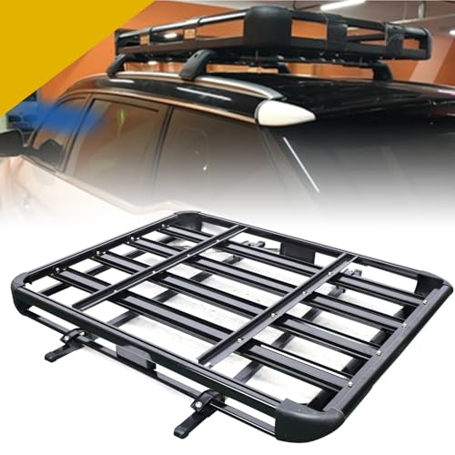 KEESUNG Groß Aluminium Dachgepäckträger, Schwarz Korb Dachgepäckträger Universal Auto Gepäckträger Auto Groß Dachkorb Wanne Gepäck Fracht Relingträger Gepäck Fracht Träger 68 kg, 127 * 97cm