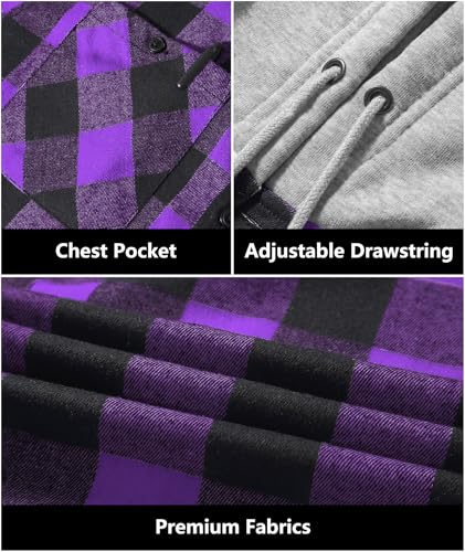 JACKETOWN Men's Flannel Long Sleeve Hoodie Shirts Casual Button Down Plaid Shirt Jackets Stylish with Pocket Light Purple - image 3