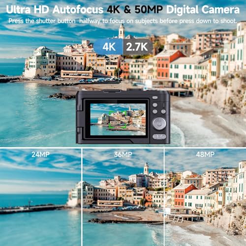 Digital Camera 4K for Photography, 50MP Vlogging Camera for YouTube Video with Flash and 3" 180° Flip Screen, 18X Digital Zoom Compact Travel Cameras with 64GB TF Card for Teens Beginner (Black) - Image 3