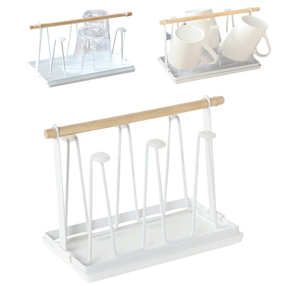 SHOWAY Cup Drying Rack, Mugs Organizer, Metal Bottle Drying Organizer with Drain Tray, Wood Handle, 6 Silicone Protective Hooks Ideal for Storing/Draining/Drying Cups, Mugs, Glasses (White)