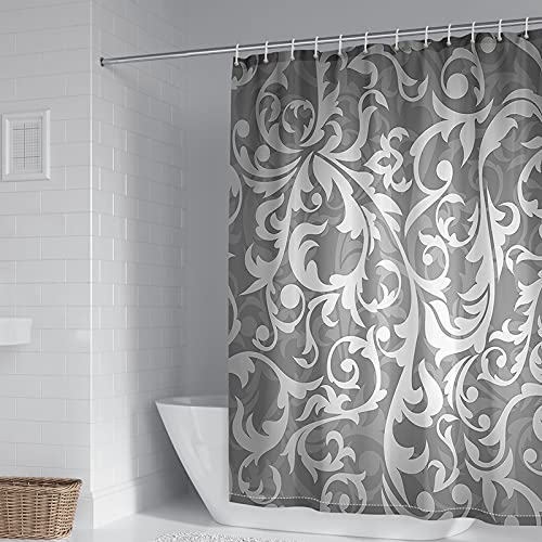 Rideau de douche 150x200cm en polyester gris à motif feuilles vintage - 2