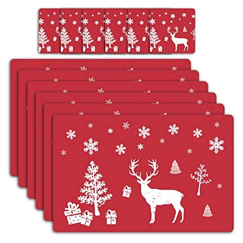 12Pcs/Pack Merry Christmas Placemats and 6 Coasters Sets, PVC Non Slip Heat-Resistant Waterproof Washable Xmas Place Mats for Kitchen Dining Table Home Holiday Decoration Cover