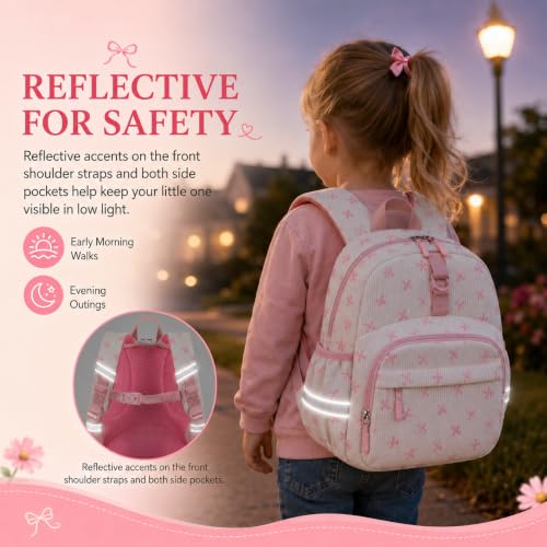Image of LOIDOU Toddler Backpack for Girls Ages 2-4, 12 Inch Mini Preschool Daycare Bookbag with Insulated Snack Pocket, Corduroy Small Kids Travel Backpack, Pink Small Bow