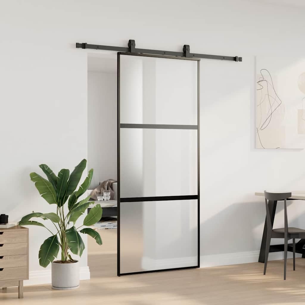 ACAGALA Glasschiebetür Komplettset 90x205 cm, Schiebetürsystem Inkl. Schiebetürbeschlag, Zimmertüren Schiebetür aus Hartglas, Gleitschiene 183, Schwarz und matt
