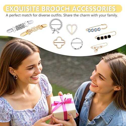 Image of 12-45PCS Scarf Ring Clip Pearl Brooch Pins - T-shirt Sweater Shawl Ties Clips Clothes Corner Knotted Button Fashion Metal Round Circle Shirt Clip Buckle Brooches for Women Girls Gift