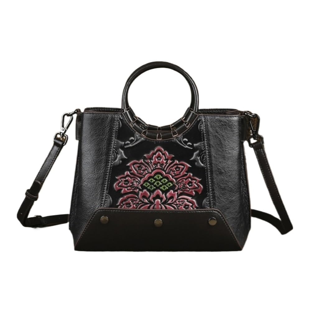 Minimalist Women's Top-Grain Leather Crossbody Bag - Retro Embossed Hand-Distressed Handheld Bag, Vintage Style(Black)