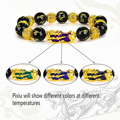 2 Pcs 12Mm Beaded Discoloration Color Changed Pi Xiu Bracelets Feng Shui Black Obsidian Wealth Bracelet Pixiu Bracelets For Men Hand Carves Mantra Bands For Women Elastic Bracelets #TOP2
