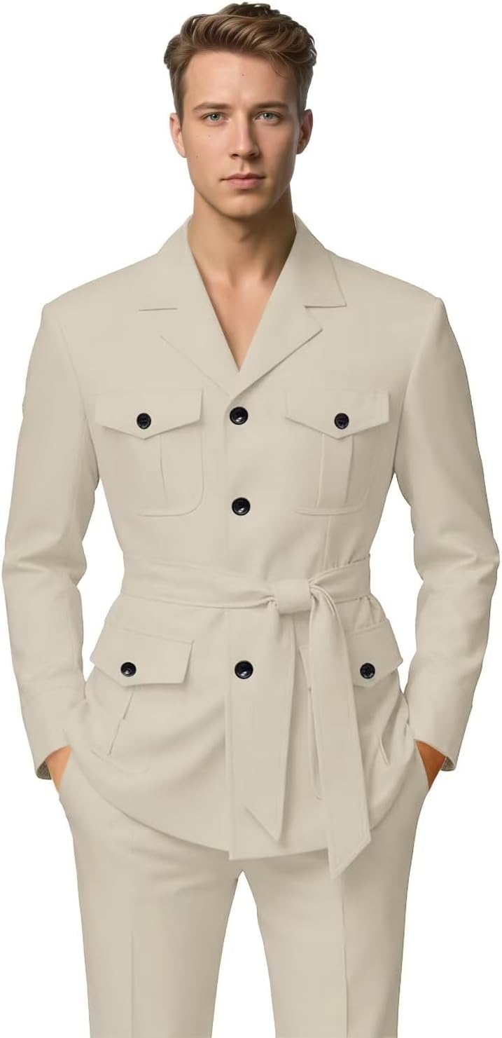 Mens Safari Suits Regular Fit Casual 2 Piece Suits for Men Business Mens Suit Multi Pocket Blazer with Belt Jacket Pants Set