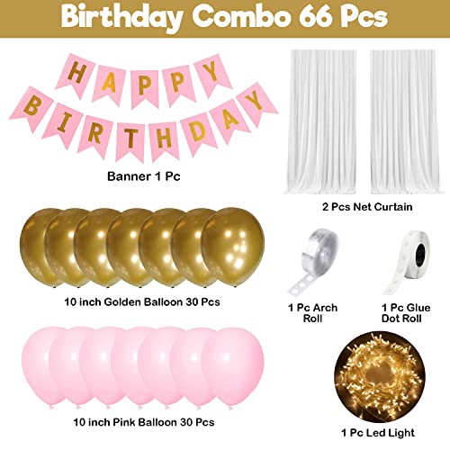 Image of Party Propz Happy Birthday Balloon Garland Decoration- 66Pcs Pack With Happy Birthday Paper Banner, Net Curtains & Pink and Gold Balloons Arch Kit For Girls,Kids, Baby, Wife Bday Decor Items