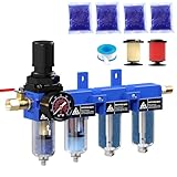 ATINY 1/4'' NPT Compressed Air Dryer, 4 Stage Air Drying System,Brass Filter, Coalescing Filter,Double Desiccant Dryers & Air Regulator,Metal Bowl, Semi-Auto Drain,Industrial Grade-Blue