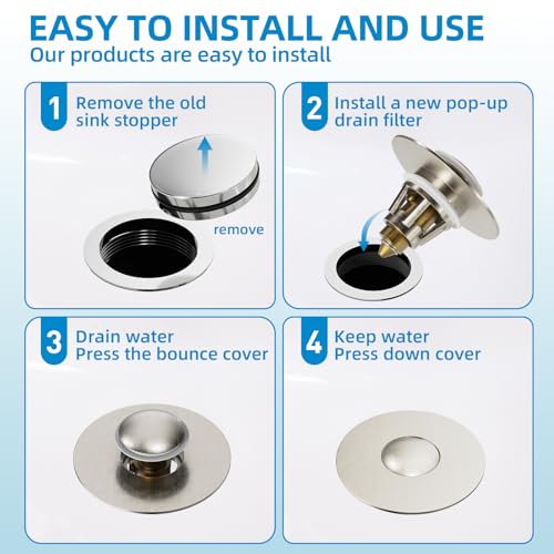 Yodel Faucet Bathroom Sink Drain Stopper - Pop Up Drain Stopper for Bathroom Sink - Bathroom Sink Hair Catcher Strainer,Brushed Nickel
