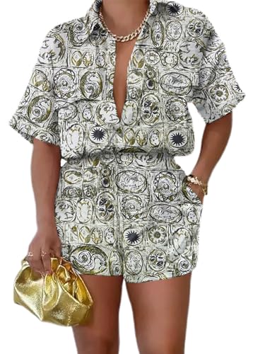 Euulin Women's 2 Piece Outfits Summer Breathable Button Down Shirt