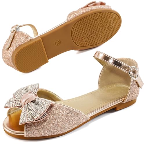 Image of Aomigoct Girls Dress Shoes Sandals : Gold 6 Big Kid Glitter Princess Flats for Birthday Wedding Party - Little Kid School Walking Shoe