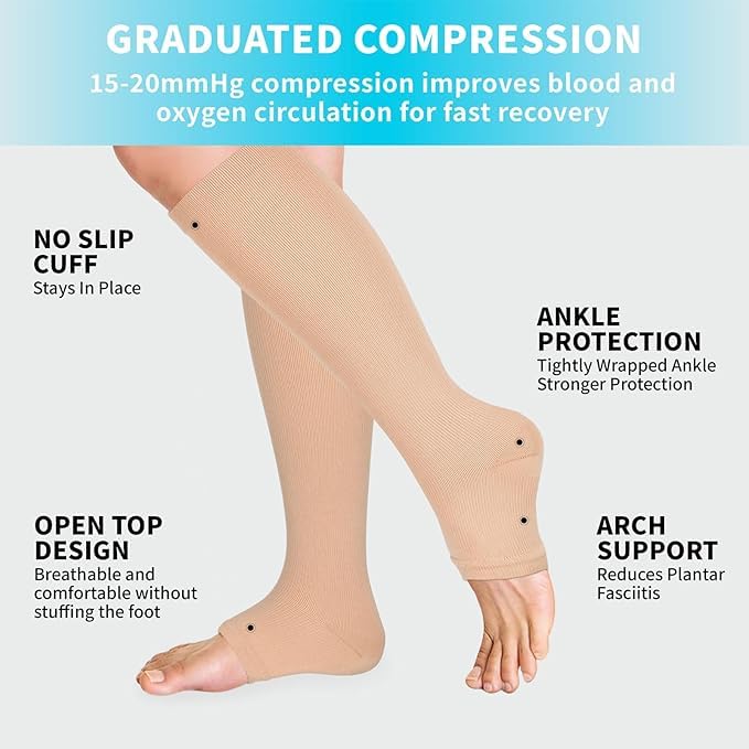 Image of Open Toe Compression Socks 15-20 mmHg for Women and Men Knee High Toeless Circulation Compression Stockings