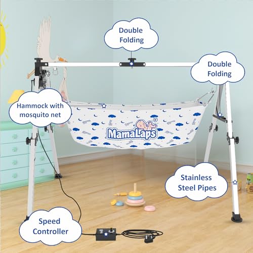 Image of MamaLaps Pro Plus Automatic Baby Cradle | Heavy Duty Auto Swing Cradle for Newborn to 3 Years | Stainless Steel Palna Zula with Crib & Cot Function | 10 Kg Strong Frame | Baby Boy & Girl Cradle Bed