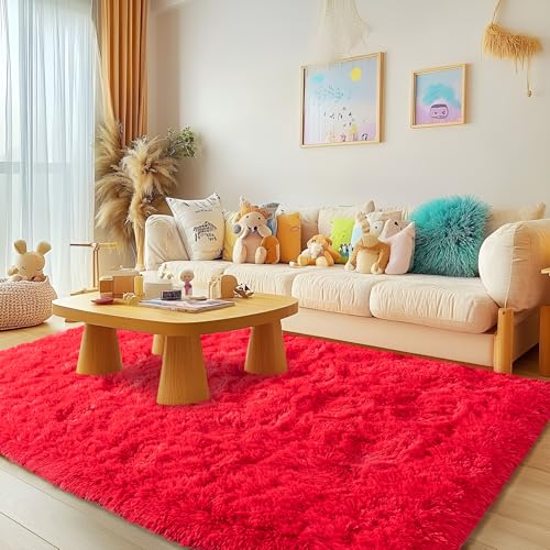 Fluffy 4x6 Rug - Nursery Rugs for Bedroom - Height Pile 1.4" Plush Rug - Fuzzy Throw Rugs Carpet for Bedroom - Red