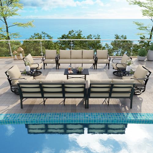 Image of 12 Pieces Patio Conversation Sets, All-Weather Metal Swivel Rocking Chairs with Rope Furniture Set, Outdoor Sofa Couch for Deck, Porch, Garden, Backyard, Poolside (Beige Cushions)