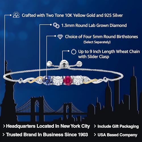 Gem Stone King 925 Silver and 10K Yellow Gold Customized and Personalized Round 5MM 4 Stone Gemstone Birthstone and White Lab Grown Diamond Bracelet For Women Fully Adjustable 9 Inch2