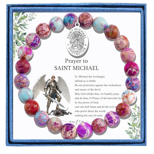 LIUANAN St Michael Bracelet for Women with Sea Sediment Purple Jasper Saint Michael the Archangel Religious Gift Christian Faith Jewelry Protection Bracelets