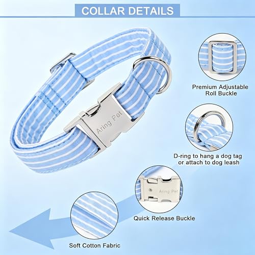 Image of ARING PET Boy Dog Collar for Puppy Small Medium Large Dogs-Blue Stripe L | Cute Male Heavy Duty Pet Collars with Metal Buckle for XS S M L XL Dogs, for City Seaside Walk Coffee Shop Pool Party Stroll