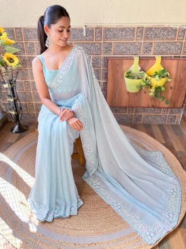 Image of AKHILAM Women's Multicolor Georgette Embellished Saree with Unstitched Blouse Piece(KESARI9501 KR Parent)