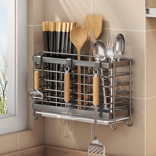 RAKSONIC Utensil Holder,Dish Drainer for Kitchen Counter, 3 Compartments Stainless Steel Utensil Drying Rack, Kitchen Utensils Holder with Towel Bar,Own Drain Tray(Gray)