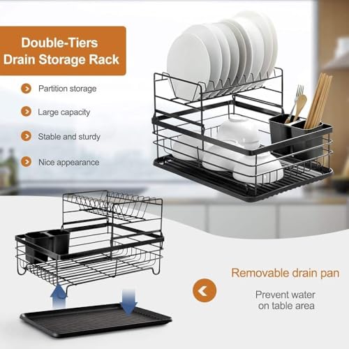 Image of ZROY 2-Tier Large Capacity Dish Drying Rack with Drain Tray - Rust-Resistant Steel Kitchen Organizer with Utensil Holder, Plate Stand & Cup Storage for Countertop (Black Rack 2-Tier)