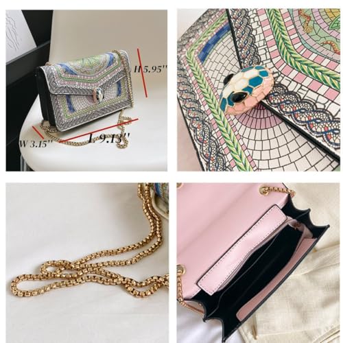Women Crossbody Chain Purse with Snake Head Decor Square Satchel Handbag, Color-block PU Leather Shoulder Bag Underarm Bag 6