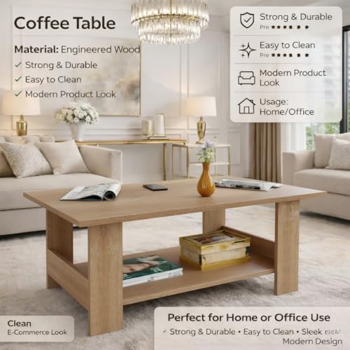 Image of Spyder Craft Modern Coffee Table with Open Storage Shelf - Minimalist Rectangular Center Table for Living Room, Office, and Lounge - Durable Engineered Wood, Easy Assembly (Oak) (Assembly -DIY)