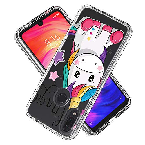 FAWUMAN Clear Phone Case for Xiaomi Redmi Note 7 Shockproof Hard Plastic Back + TPU Soft Bumper Protective, Cover with Kawaii Cartoon Card Phone Case （Unicorn）