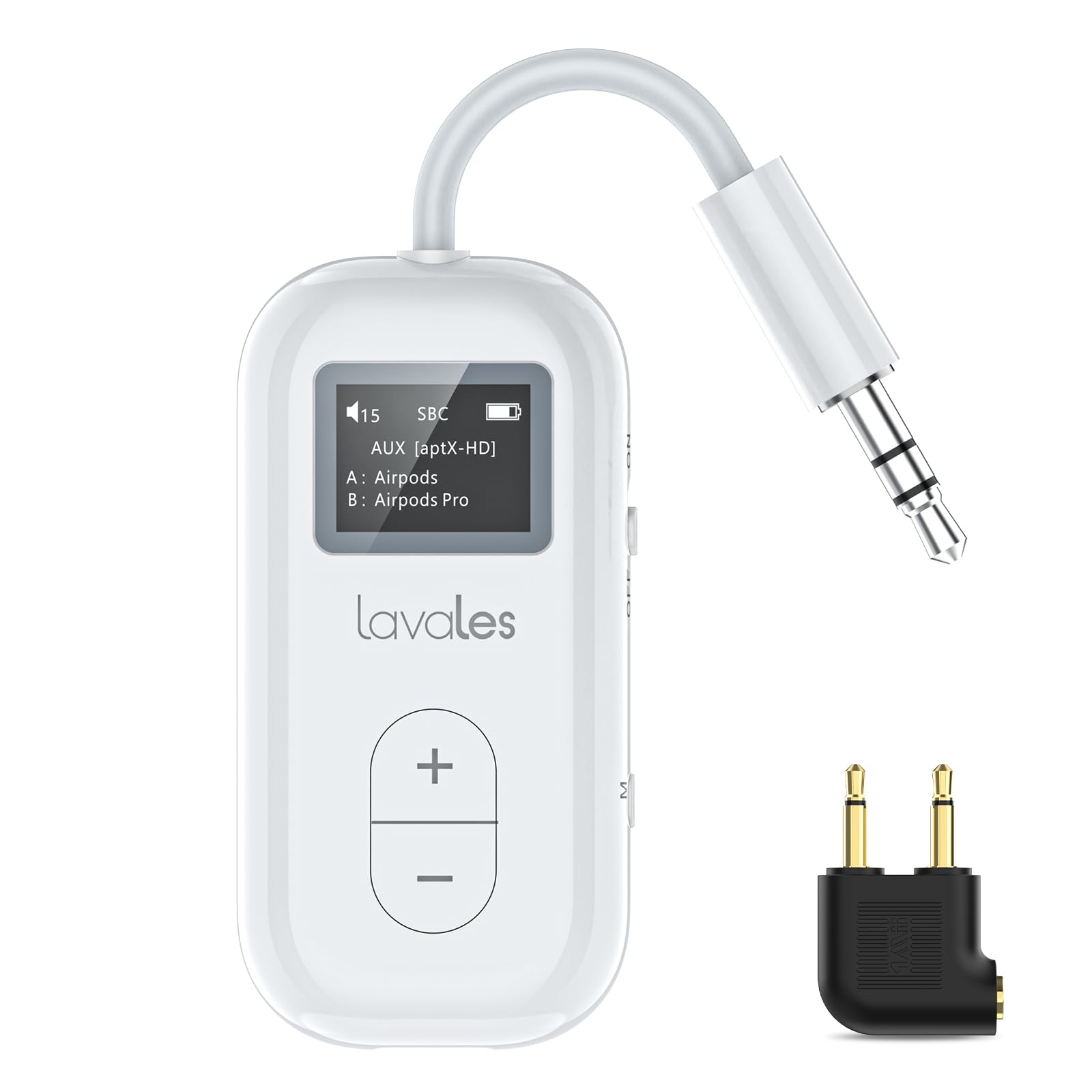 - SafeFly Dual Bluetooth Transmitter with Screen for 2 Airpods, Wireless Audio Adapter Support aptX Low Latency, Long Range, 30H Battery Life, 3.5 mm Audio Jack on Airplanes, TV, Gym, MP3-White