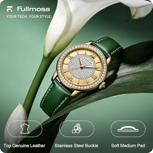 Image of Fullmosa 22mm Quick Release Leather Watch Band for Garmin Samsung Galaxy | Strap for Garmin Vivoactive 4 45mm,Garmin Venu 4(45mm) /Venu 3 /Venu 2,Samsung Galaxy Women Men, Dark Green&Golden Buckle