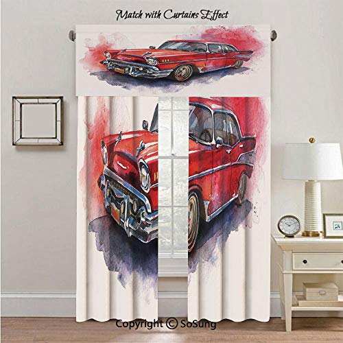 Watercolor Window Valance,Hand Drawn Old Fashioned Car Antique Motor Vehicle Retro Outdated Abstract Art Decorative Curtain Valance for Kitchen Bedroom Decor with Rod Pocket,42\"x18\",Red Dimgrey - Thumbnail 2