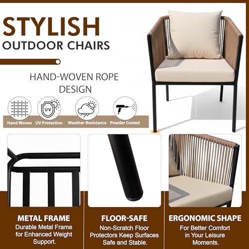 Image of OUTLIVING Braid & Rope 2 Seater Garden Patio Seating Chair and Table Set Outdoor Balcony Garden Coffee Table Set Furniture with 1 Table and 2 Chairs Set with Cushion (Beige)