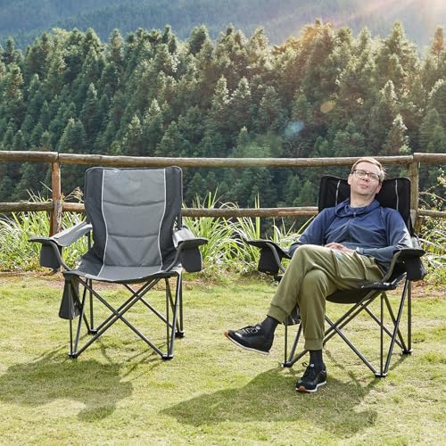 TIMBER RIDGE Camping Chairs for Adults Heavy Duty 200kg Oversized, Padded Folding Chair with Cup Holder and Cooler Bag Comfy for Outdoor Picnic Fishing Garden, Lightweight and Portable (Grey- 2PCs) - Image 3